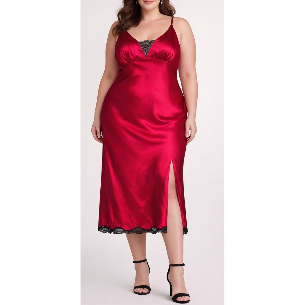 Red Satin Babydoll Slip Dress 16 Lace Trim Y2K 90s Midi Fairy Vamp Romantic